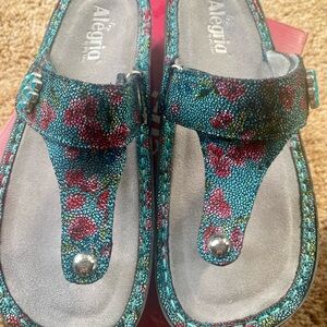 Alegria Women's Teal and Pink Patterned Sandals